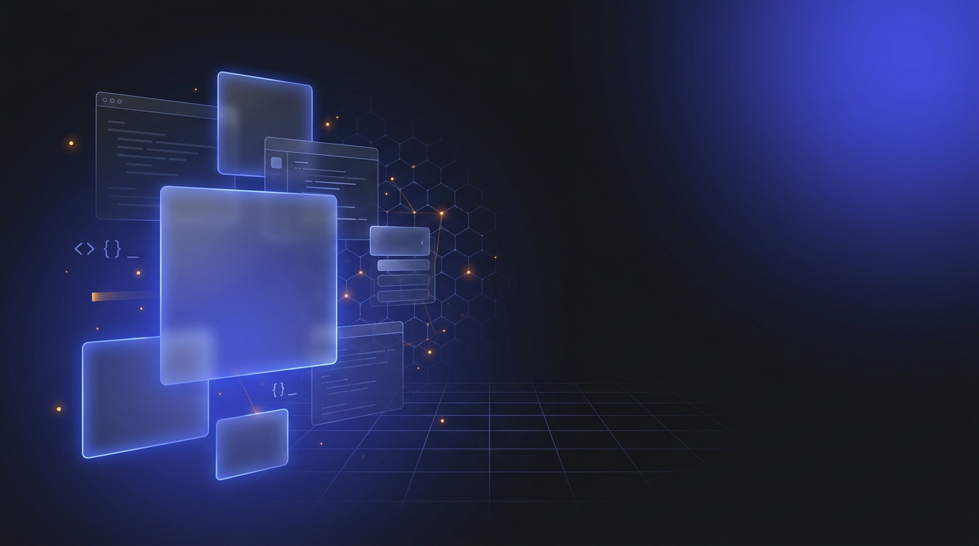 Abstract product engineering visual — glass UI layers over a deep indigo gradient